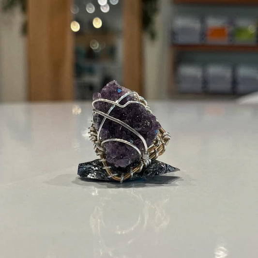 RAW AMETHYST CLUSTER RING IN BRONZE+SILVER