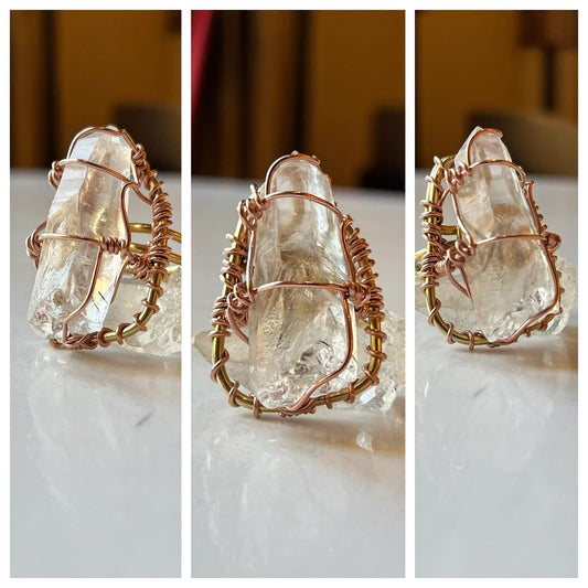RAW CLEAR QUARTZ RING IN BRONZE+COPPER