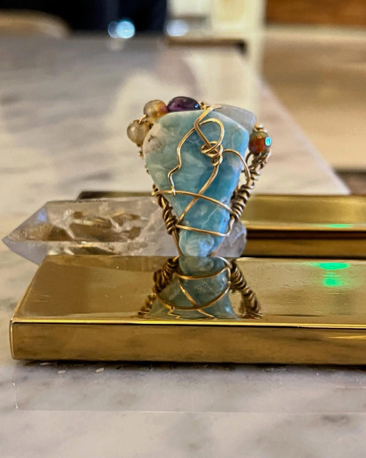 LARIMAR w/Agate~Amethyst~Aquamarine RING IN BRONZE