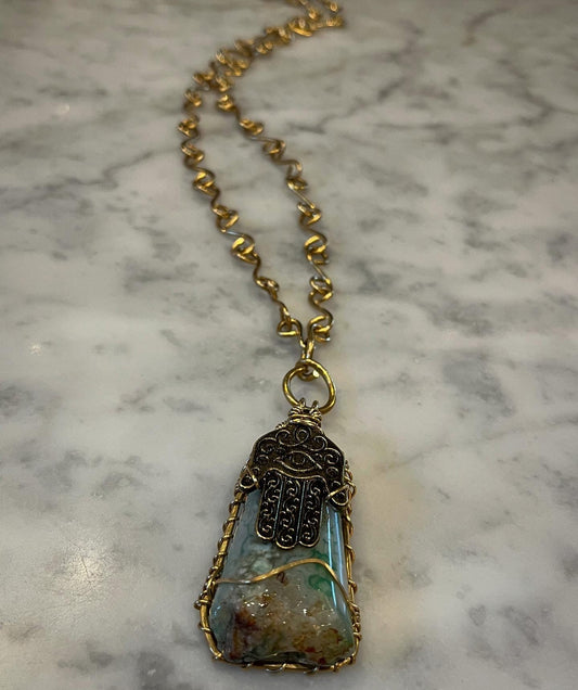 ✨HELPING HAND OF HAMSA✨GREEN AGATE NECKLACE IN BRONZE