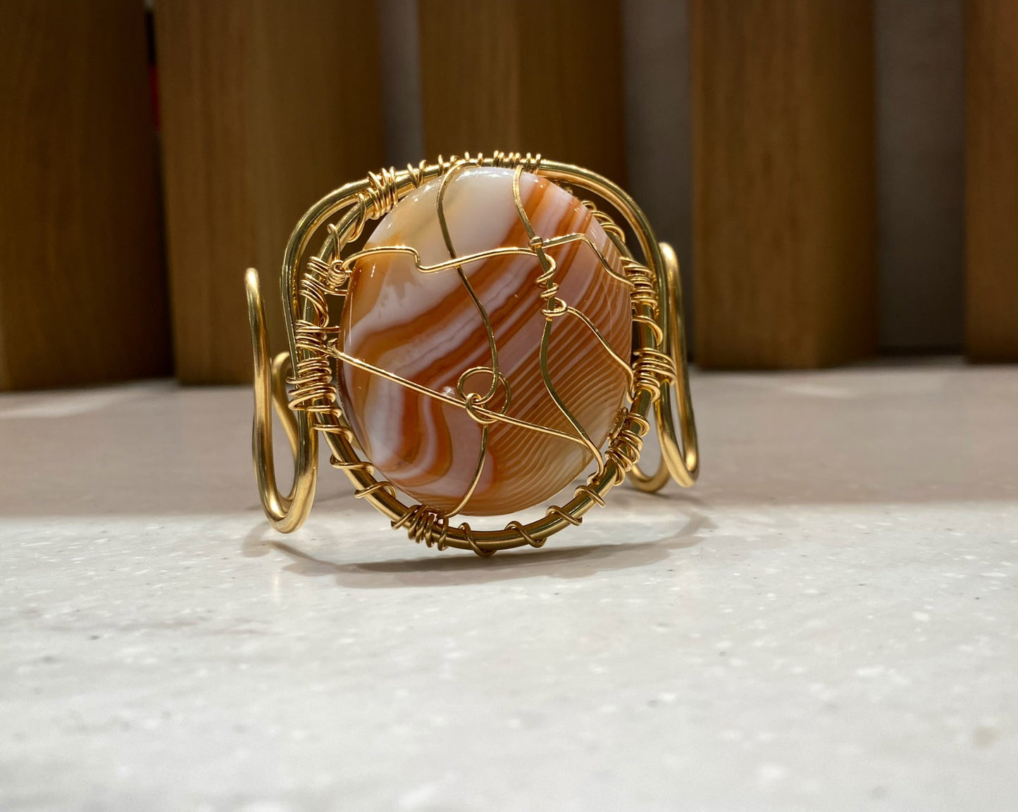 THICK BRONZE+CARNELIAN BANDED AGATE WAVE CUFF BRACELET
