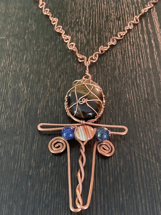 COPPER+MULTI-STONE ANKH NECKLACE