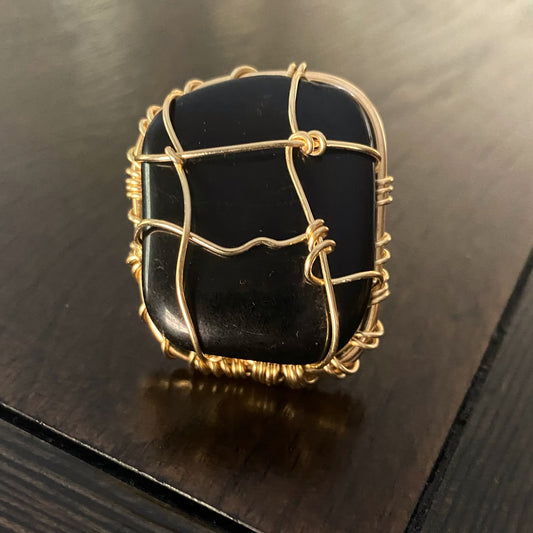 CHUNKY BRONZE+BLACK OBSIDIAN RING