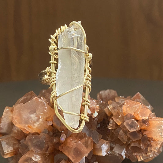 BRONZE+RAW CLEAR QUARTZ RING