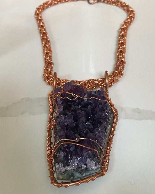 COPPER+RAW AMETHYST BYZANTINE LINK NECKLACE