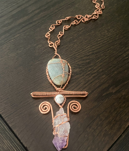 COPPER+MULTI-STONE ANKH NECKLACE