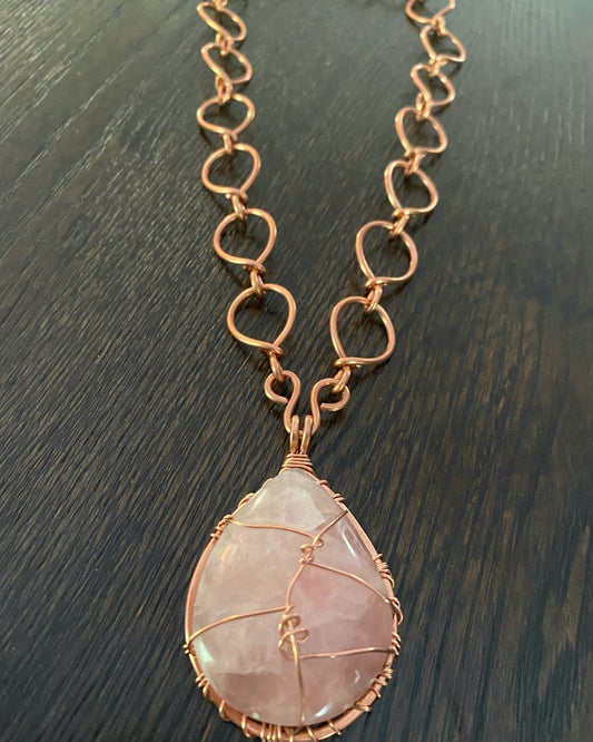 COPPER+ROSE QUARTZ CIRCLE LINK NECKLACE