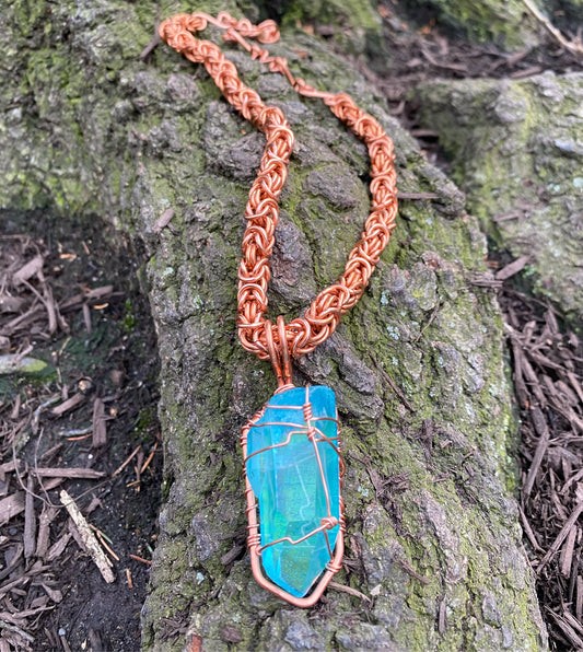 COPPER+AQUA AURA QUARTZ BYZANTINE NECKLACE