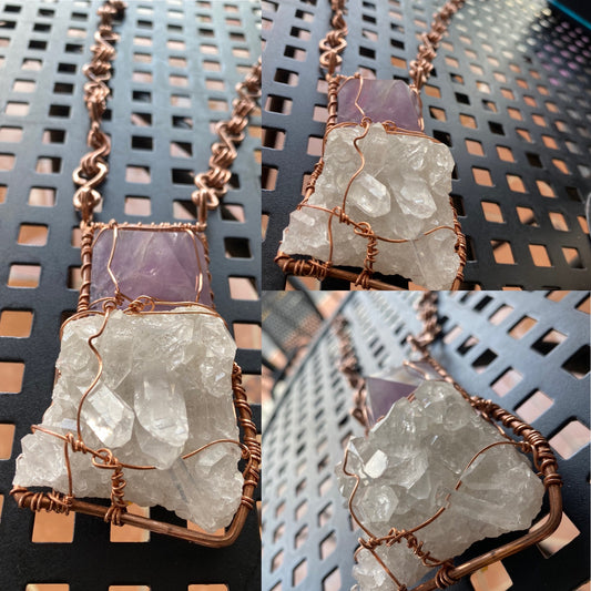 COPPER+AMETHYST+CLEAR QUARTZ CLUSTER NECKLACE