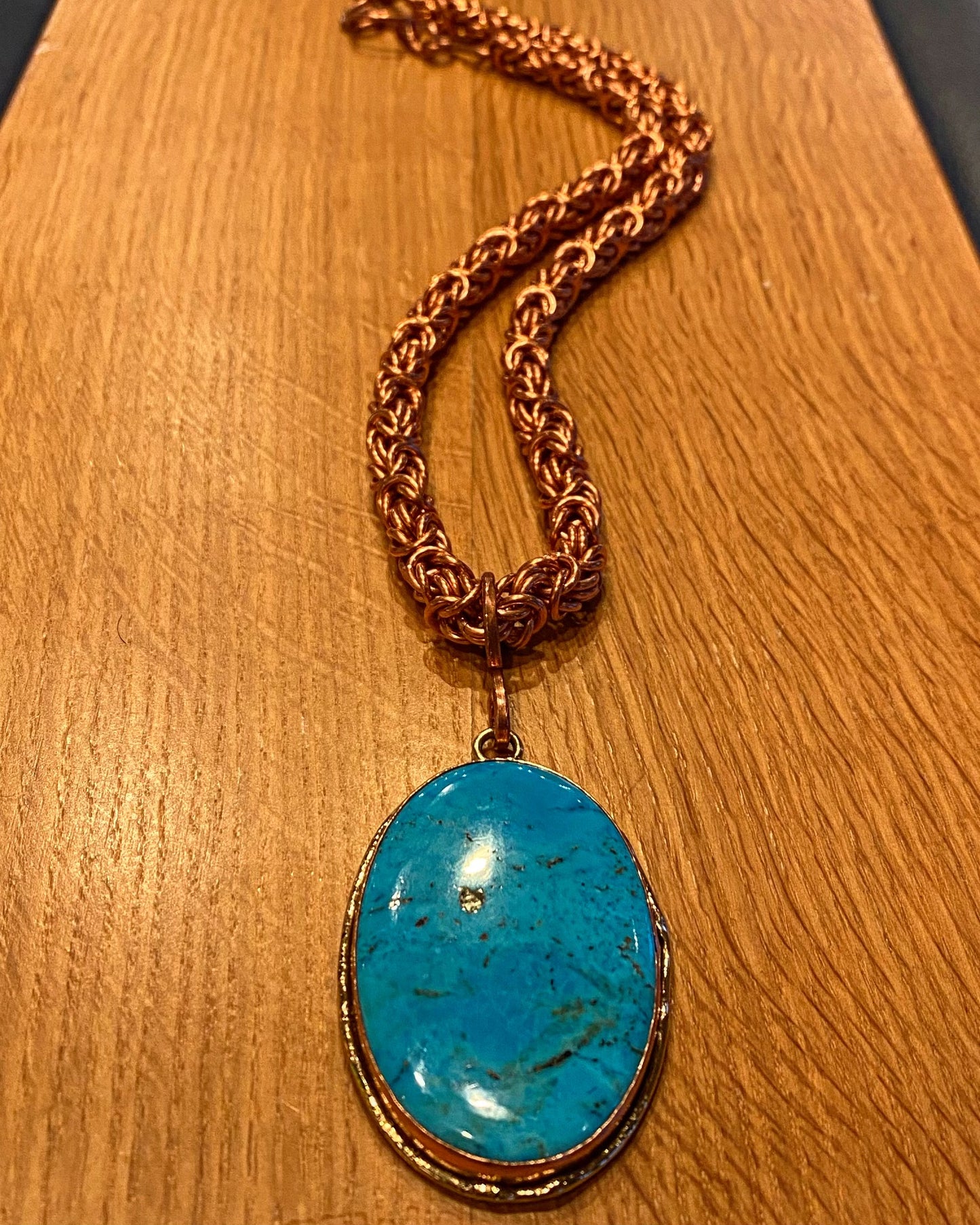 COPPER+BRASS+TURQUOISE BYZANTINE LINK NECKLACE