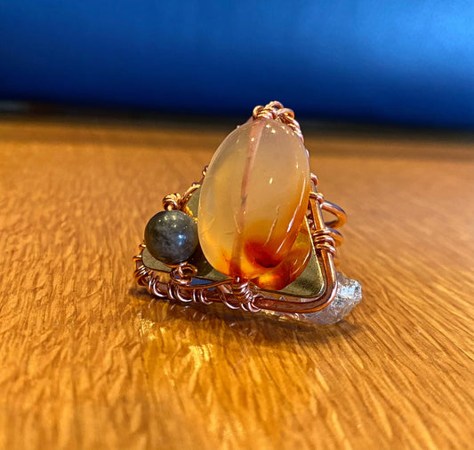 COPPER+BRASS+AGATE+  LABRADORITE  PARTY RING