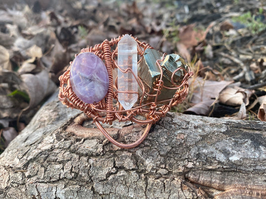 COPPER+AMETHYST+CLEAR QUARTZ+PYRITE CUFF BRACELET