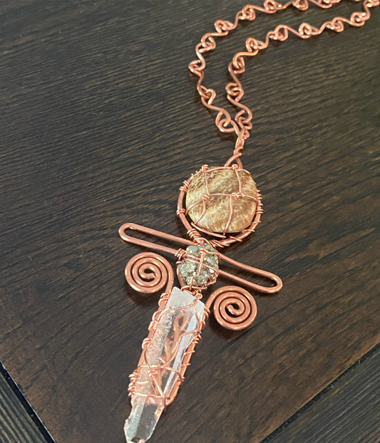 COPPER+ARAGONITE+CLEAR QUARTZ ANKH NECKLACE