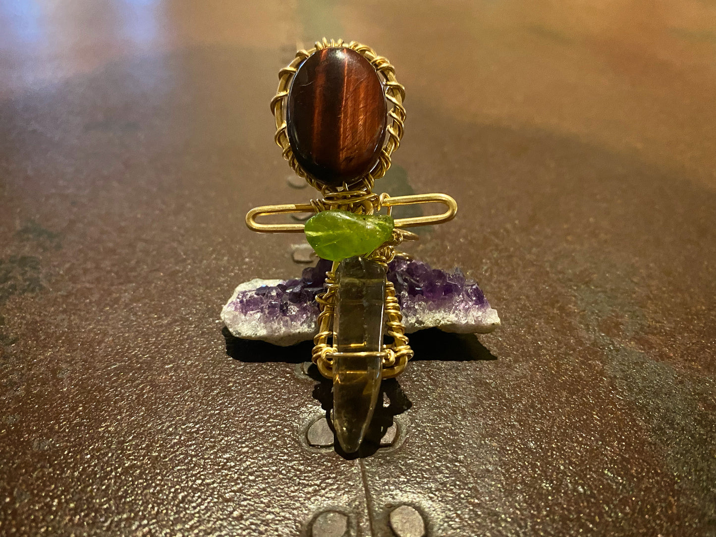 BRONZE+RED TIGERS EYE+PERIDOT+SMOKEY QUARTZ ANKH RING