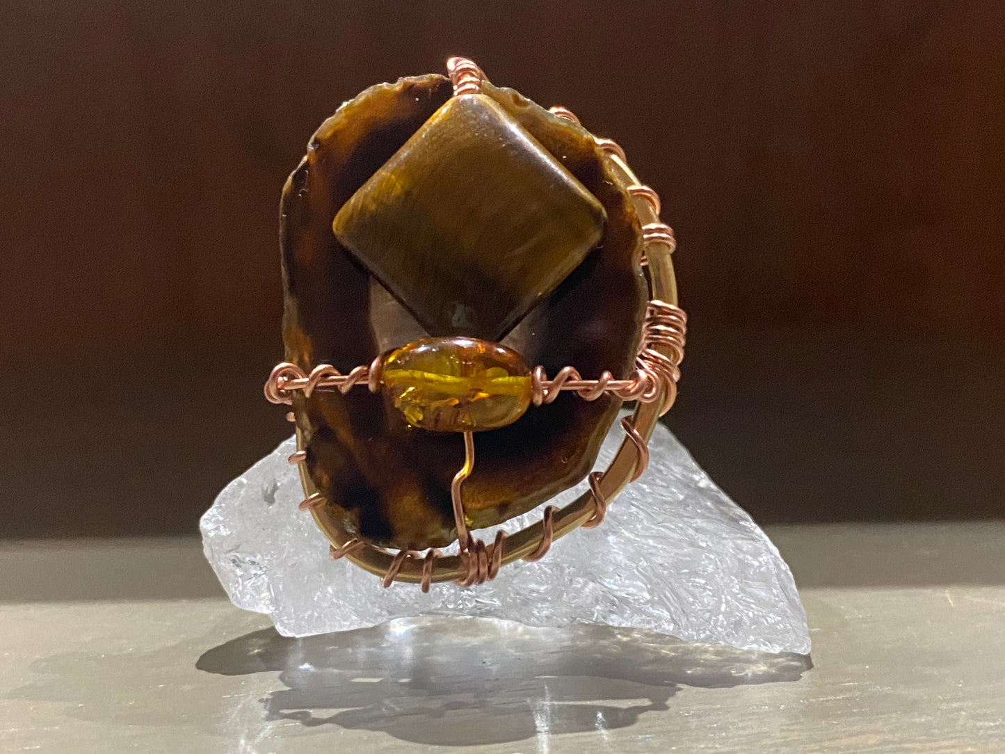 COPPER+BRONZE+AGATE+TIGERS EYE+AMBER RING