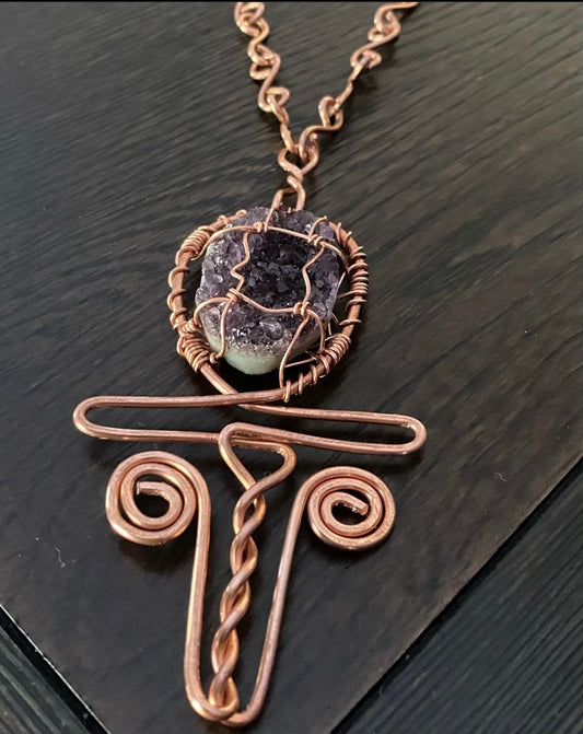 COPPER+RAW AMETHYST ANKH NECKLACE