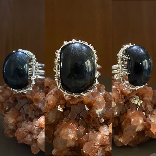 SILVER+DEEP BLUE TIGERS EYE RING