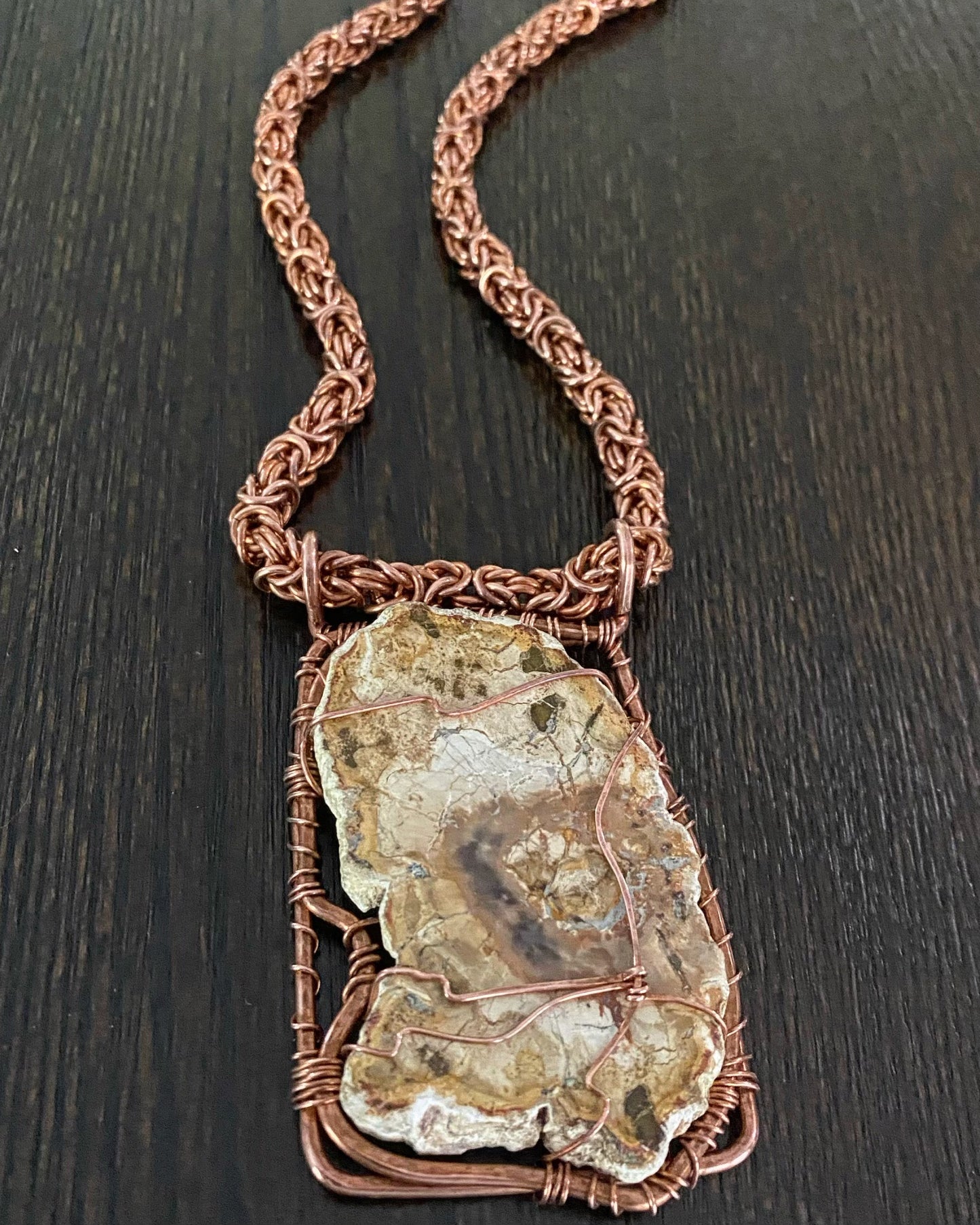 COPPER+JASPER PETRIFIED WOOD BYZANTINE LINK NECKLACE