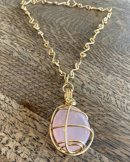 CHUNKY BRONZE+ROSE QUARTZ S-LINK NECKLACE