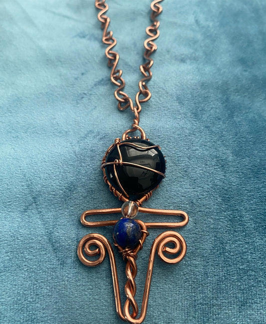 COPPER+ONYX+QUARTZ+LAPIS LAZULI ANKH NECKLACE