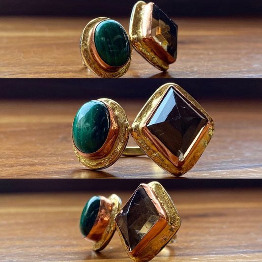 COPPER+BRASS+MALACHITE +SMOKEY QUARTZ CUFF RING