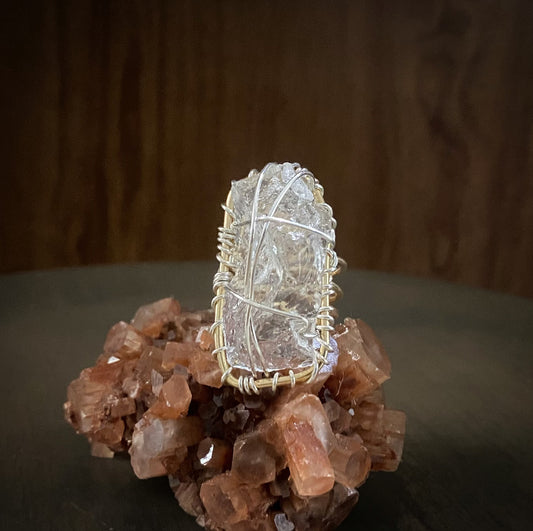 BRONZE+SILVER+RAW CLEAR QUARTZ RING