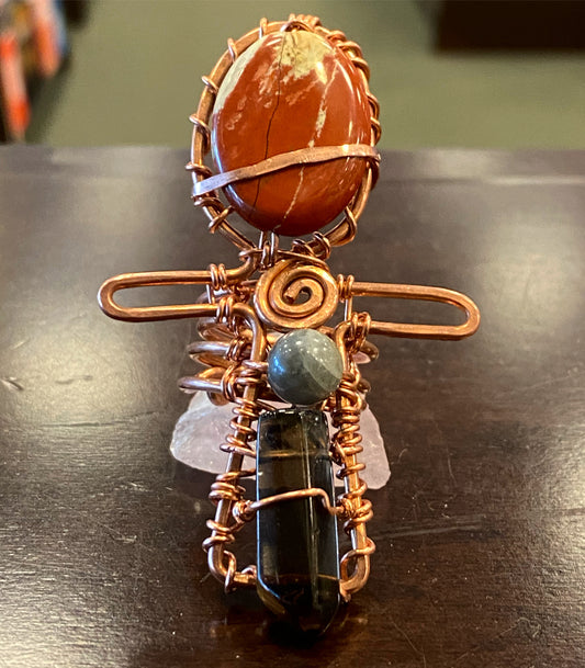 COPPER+RED JASPER+LABRADORITE+SMOKEY QUARTZ ANKH RING