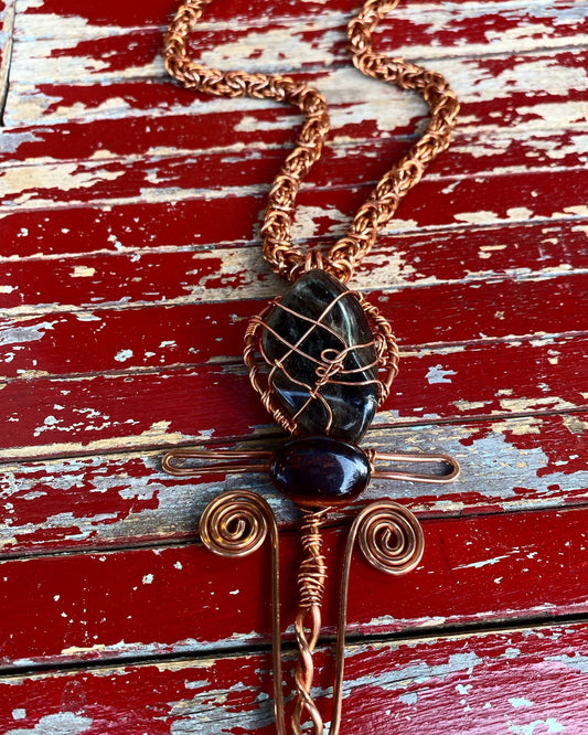 “CRIMSON ACTIVATION” COPPER+SMOKEY QUARTZ+RED TIGERS EYE BYZANTINE NECKLACE