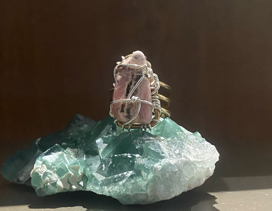 BRONZE+SILVER+RHODOCHROSITE RING