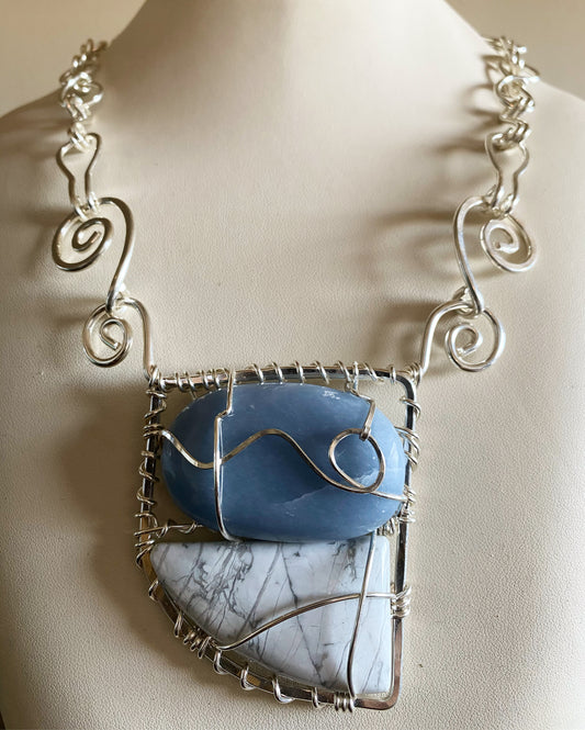 SILVER+ANGELITE+  HOWLITE NECKLACE