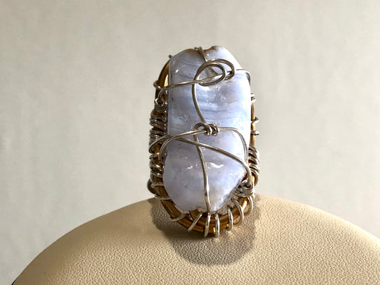 BRONZE+SILVER BLUE LACED AGATE RING