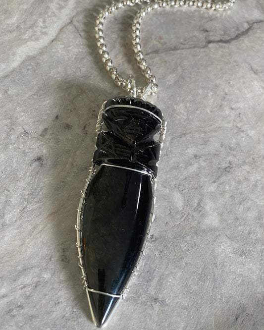 SILVER+OBSIDIAN DAGGER ROLO NECKLACE