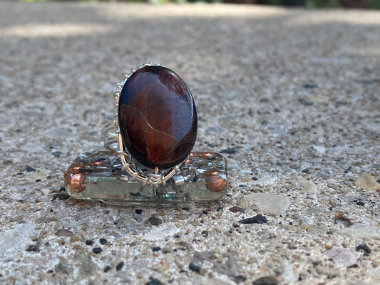 SILVER+RED TIGERS EYE RING
